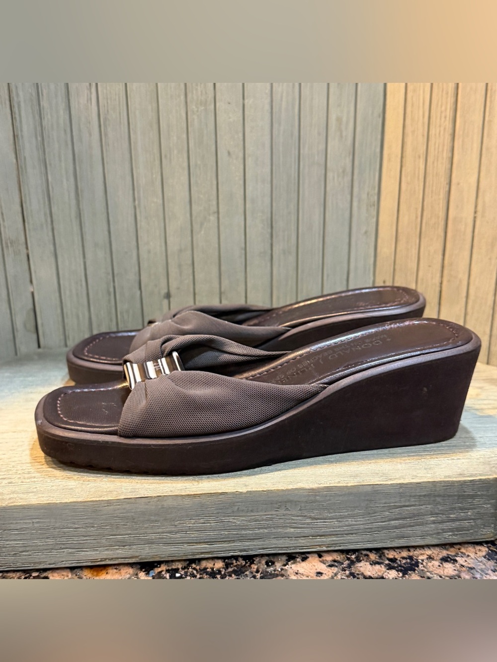 Donald J. Pliner Brown Knotted Fabric Wedge Slide Sandals 6.5